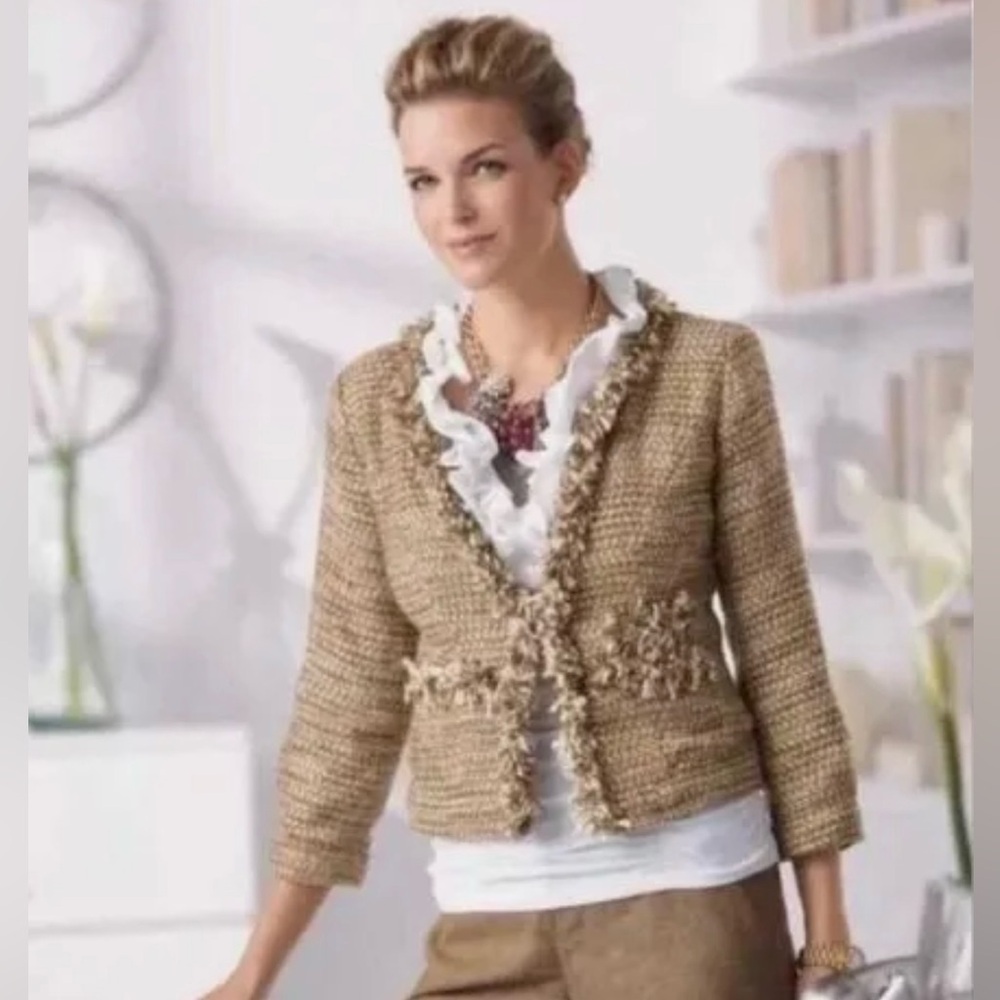 NEW CABI Tan Metallic Phoebe Tweed Boucle Frayed Edge Jacket Pockets Size Medium